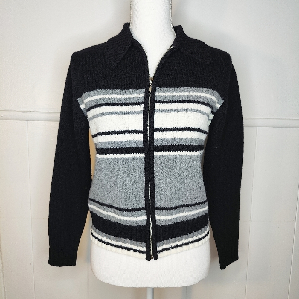 Vintage Express Blues 90's Zip Up Striped Cardigan Sweater Size Medium